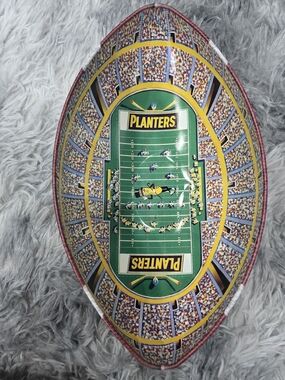 Vintage Planters Football Stadium Tin Nut Tray — Green & Yellow